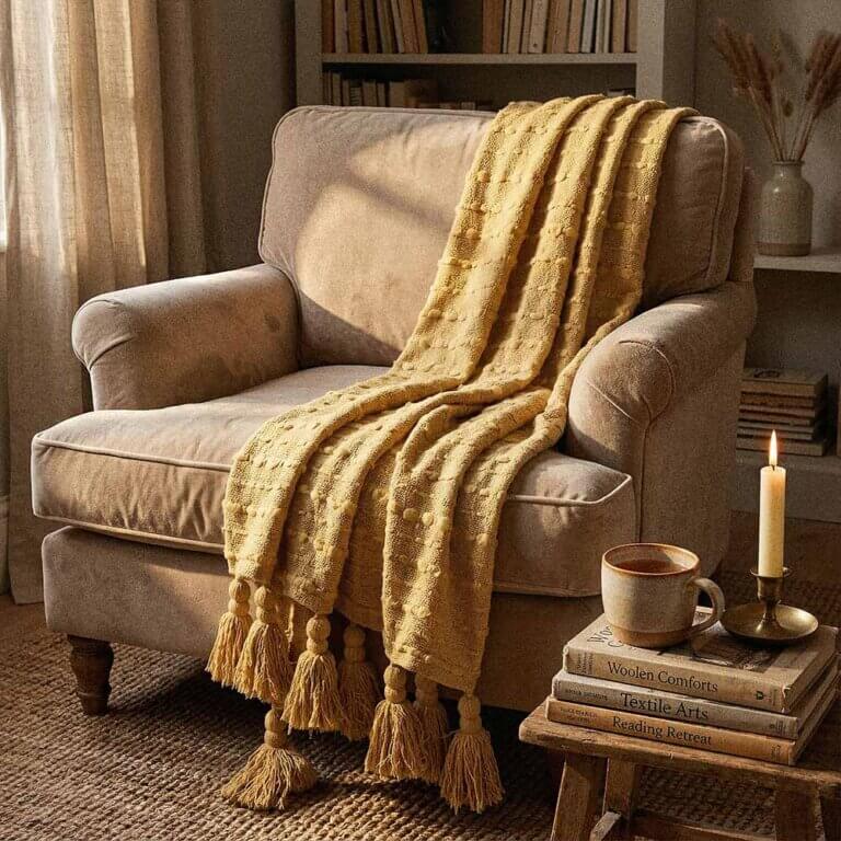 Thoughtfully Sourced, Responsibly Made: Home Decor Reimagined 1 Mustard throw blanket folded at foot of bed for fall and autumn bedroom styling
